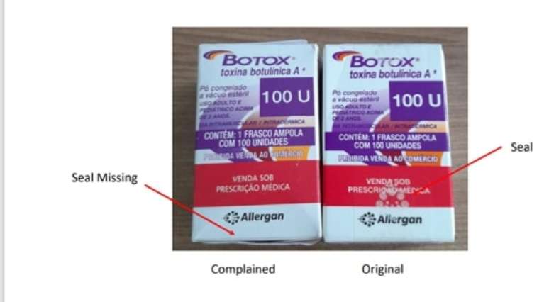 O medicamento original possui um selo na embalagem secundária, mas o selo não está presente no produto falsificado. Foto: Anvisa/Divulgação