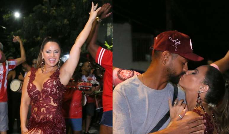 Viviane Araujo not only samba a lot, but also kisses her husband a lot during a rehearsal of Salgueiro