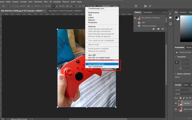 Apply the command to mirror the image vertically or horizontally (Screenshot: André Magalhães) Apply the command to mirror the image vertically or horizontally (Screenshot: André Magalhães)