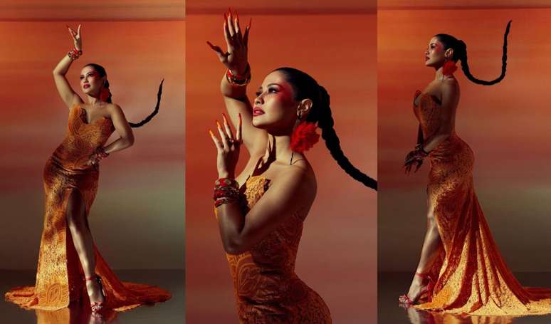 Vestido de renda laranja é aposta de Thaynara OG para Baile da Vogue 2023: 'Pôr do sol de São Luís'.