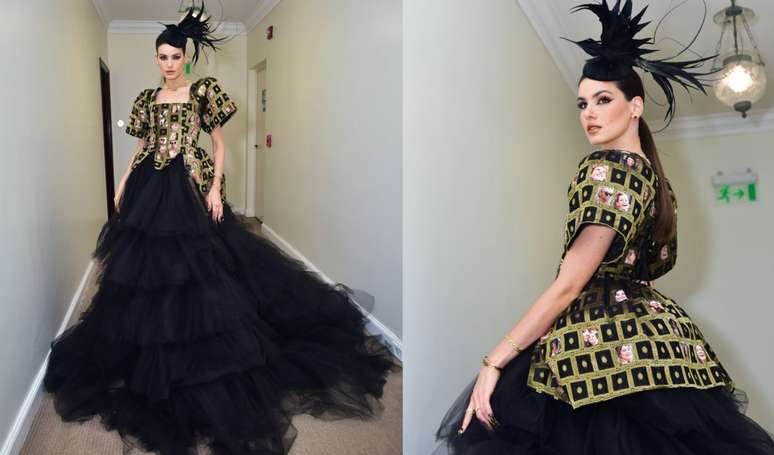 Exclusivo! Camila Queiroz usa vestido com mood vintage feito com fotos no Baile da Vogue.