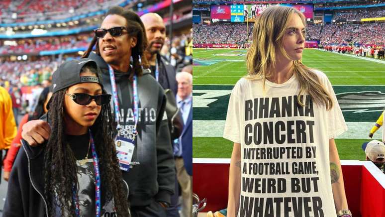 Jay-Z, Blue Ivy e Cara Delevingne estiveram no Super Bowl neste domingo, 12.