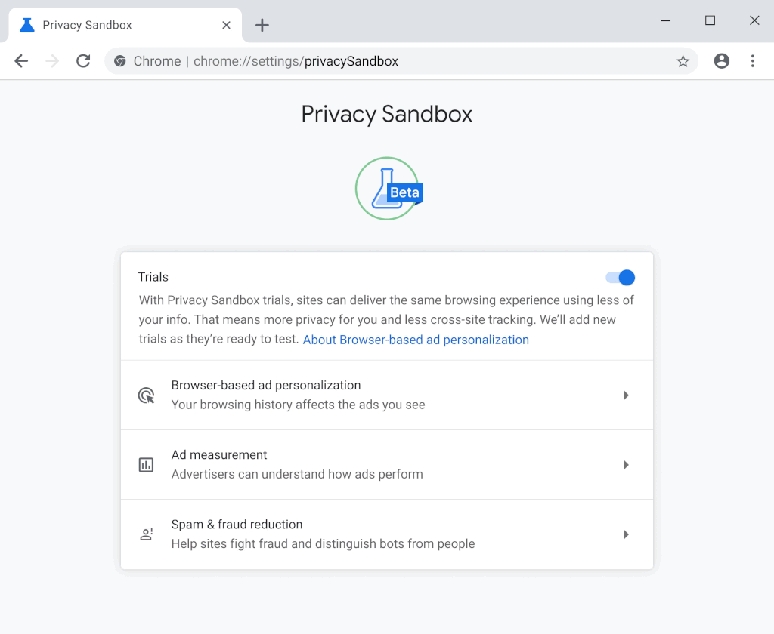 Em testes realizados no Chrome, em 2022, a Privacy Sandbox também permitia ao usuário personalizar a exibição de anúncios direcionados (Imagem: Reprodução/Google)
