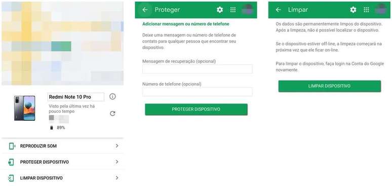 Captura de tela do serviço Encontre Meu Dispositivo do Google que mostra como proteger seu aparelho roubado ou perdido (Imagem: Rodrigo Folter/Captura de tela)