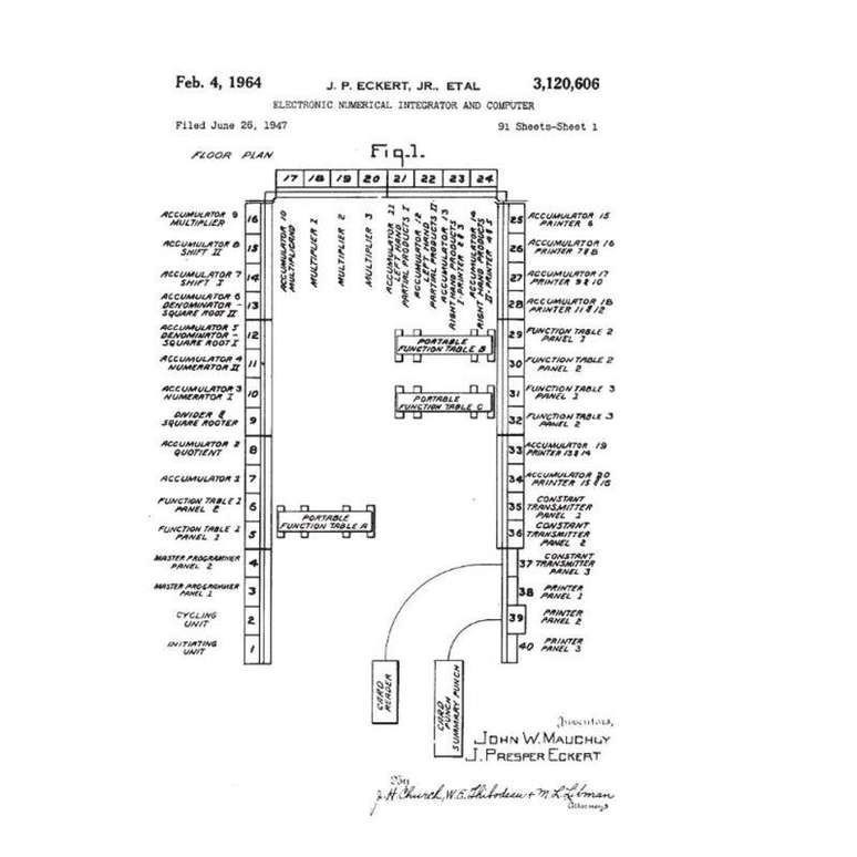 Desenho das unidades do ENIAC incluídas no pedido de patente em 1947
