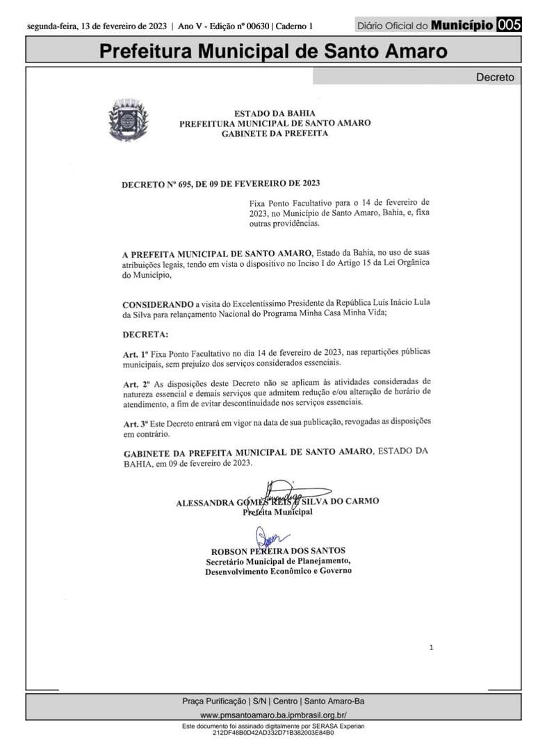 Decreto assinado pela prefeita de Santo Amaro, Alessandra Gomes (PSD)