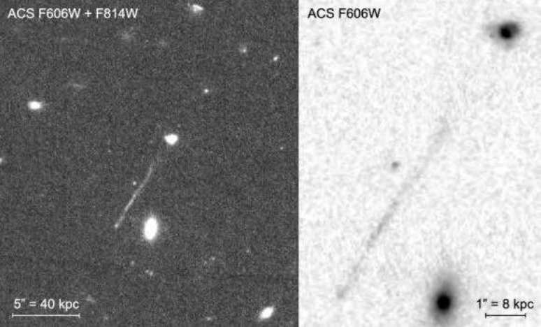 Hubble's image captures a trail in the circumgalactic medium around the dwarf galaxy RCP 28 (Image credit: Reproduction/van Dokkum et al) Hubble's image captures a trail in the circumgalactic medium around the dwarf galaxy RCP 28 (Image credit: Reproduction/van Dokkum et al)