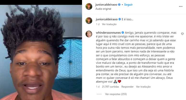Whindersson Nunes fez desabafo ao responder post do influenciador Júnior Caldeirão