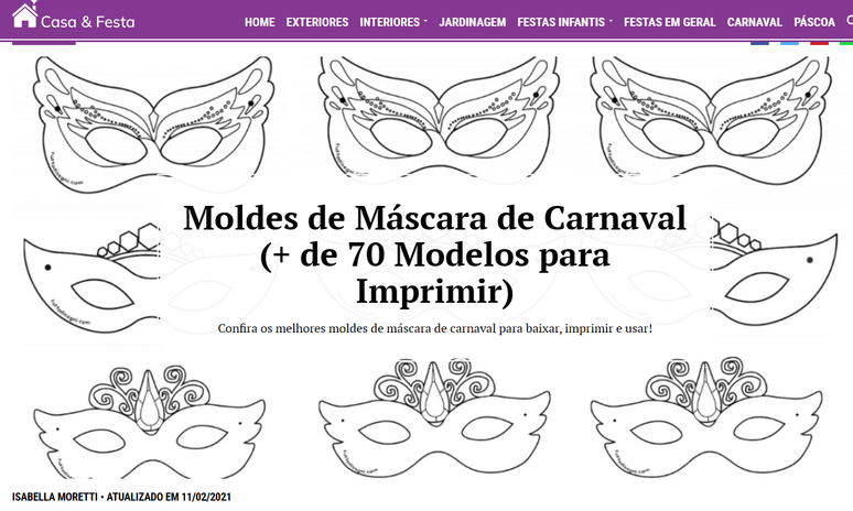 Site Casa e Festa também oferece modelos de máscara para impressão