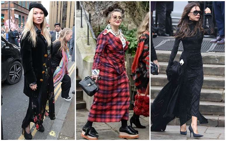 Kate Moss, Helena Boham Carter e Victoria Beckham na chegada à igreja onde aconteceu a cerimônia fúnebre a Vivienne Westwood