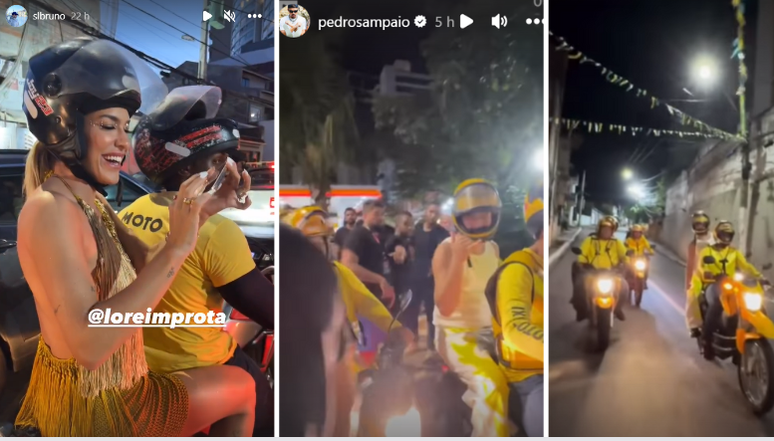 Lore Improta e Pedro Sampaio usam mototáxi para chegar ao circuito de carnaval de Salvador