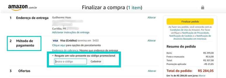 Field to enter promotional coupon code (Image: Screenshot/Guilherme Haas/Canaltech) Field to enter promotional coupon code (Image: Screenshot/Guilherme Haas/Canaltech)