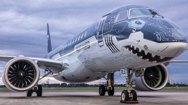 Avião do Palmeiras teve pintura de Tubarão Tecnológico (Foto: Reprodução/Instagram Embraer)