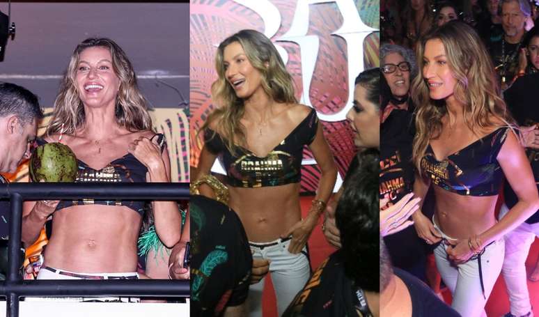 Gisele Bündchen na Sapucaí: modelo recria look de Carnaval, traz dezenas de seguranças e bebe água de coco.