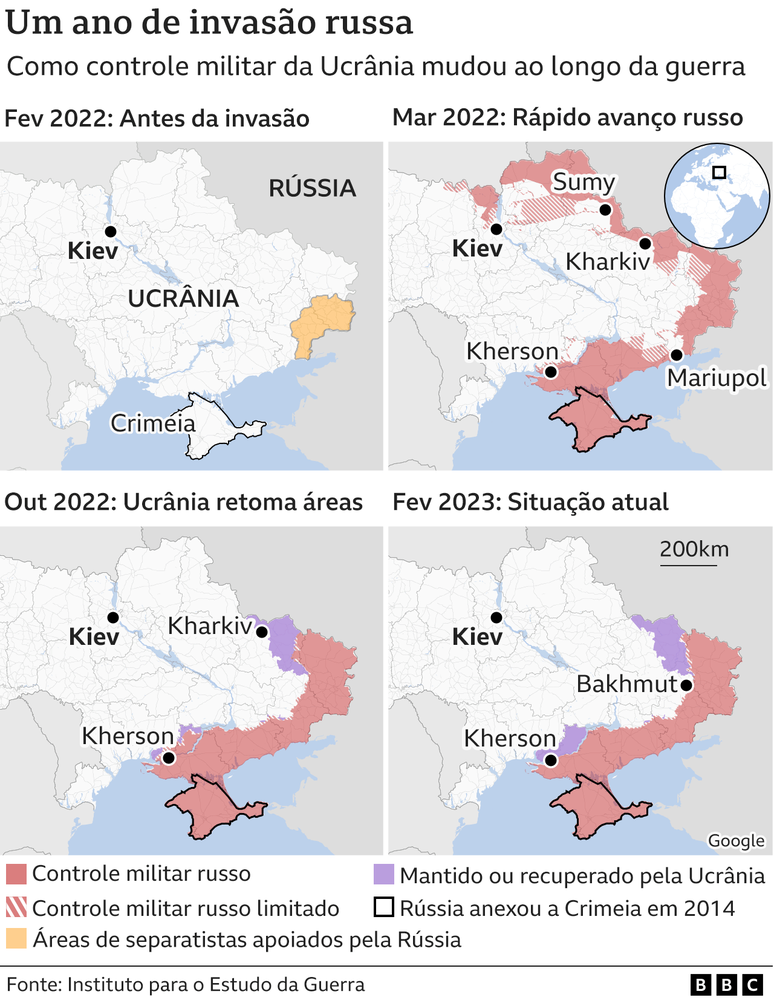 Mapas mostram controle do território ucraniano ao longo do ano