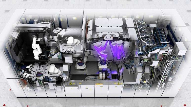 Esta ilustração mostra a complexidade dentro de uma das máquinas ultravioleta da ASML