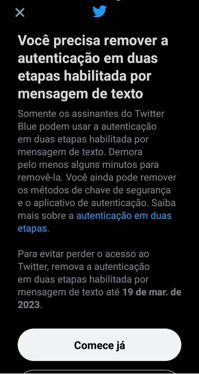 Usuários que não assinarem o Twitter Blue tem até 19 de março para desativar autenticação por SMS