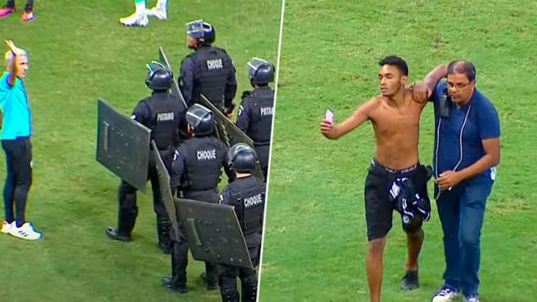 Polícia em campo e invasão de torcedor marcaram clássico neste sábado, 25.(Reprodução/CazéTV)