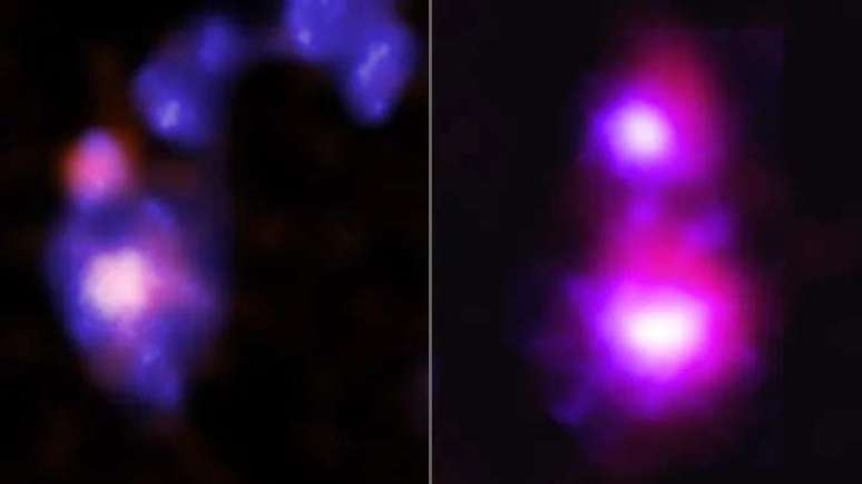 Two pairs of merging dwarf galaxies, with their respective central black holes (Image: Reproduction/NASA/CXC/Univ. of Alabama/M. Micic/Gemini/NOIRLab/NSF/AURA)