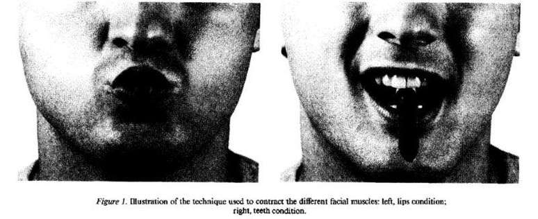 'Quando tinham a caneta na boca simulando um sorriso, as imagens pareciam mais simpáticas para elas' (imagem do estudo Strack et al. 1988)