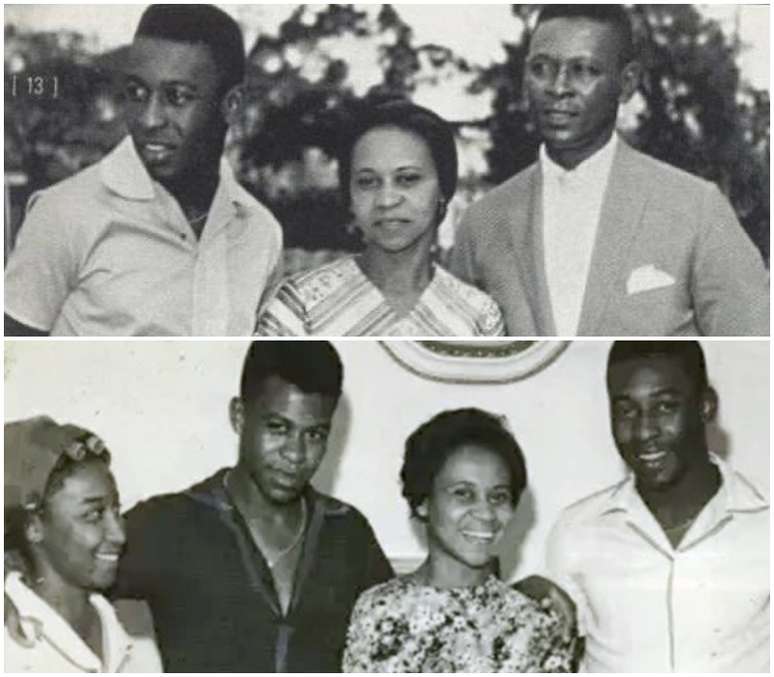 Acima, Pelé ao lado de dona Celeste e do pai, João 'Dondinho', falecido em 1996; abaixo, ao lado dos irmãos Maria Lúcia e Jair 'Zoca' (falecido em 2020) e da mãe Acima, Pelé ao lado de dona Celeste e do pai, João 'Dondinho', falecido em 1996; abaixo, ao lado dos irmãos Maria Lúcia e Jair 'Zoca' (falecido em 2020) e da mãe