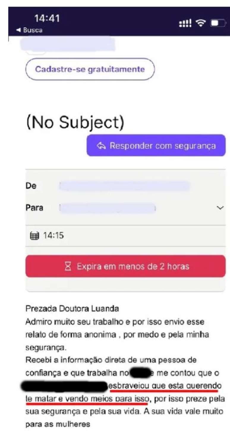 Em e-mail, pessoa revela que homem ameaçou matar diretora do Me Too Brasil