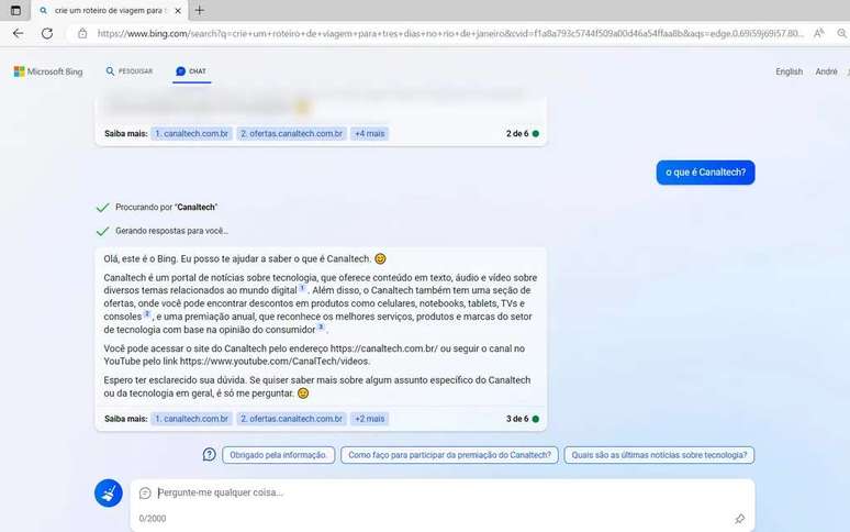 Ask Bing questions about any topic (Image: Screenshot/André Magalhães/Canaltech) Ask Bing questions about any topic (Image: Screenshot/André Magalhães/Canaltech)