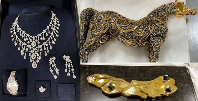 O conjunto de joias enviado a Michelle Bolsonaro e o cavalo com inscrições em árabe onde as peças estavam escondidas