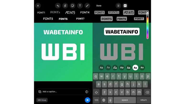The user can write text and tap on the fonts to switch styles and colors (Image: Reproduction / WABetaInfo)
