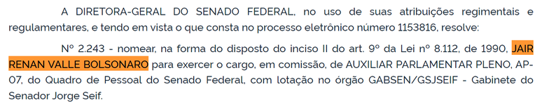 Nomeação de Jair Renan ao cargo foi publicada no Diário Oficial da União