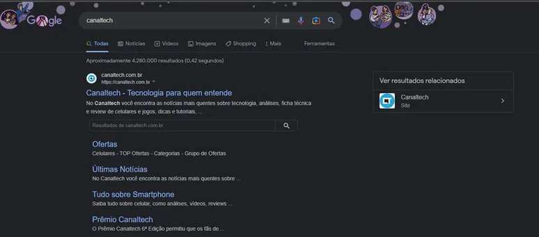 The Canaltech icon now appears next to the URL and site name just above (Image: Screenshot/Alveni Lisboa/Canaltech) The Canaltech icon now appears next to the URL and site name just above (Image: Screenshot/Alveni Lisboa/Canaltech)