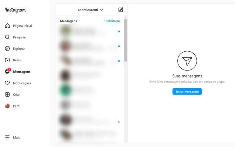 Use the side menu to access and reply to messages on Instagram (Image: Screenshot/André Magalhães/Canaltech) Use the side menu to access and reply to messages on Instagram (Image: Screenshot/André Magalhães/Canaltech)