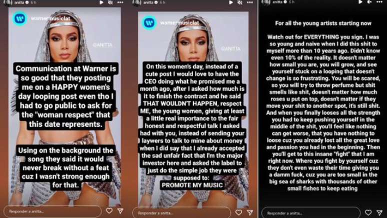 Anitta voltou a criticar a Warner Music após publicação de Dia das Mulheres.