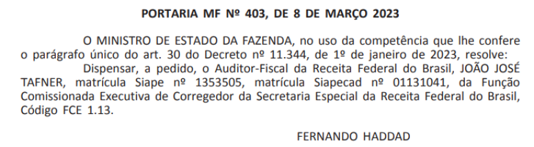 Exoneração de Tafner, assinada por Haddad, no Diário Oficial da União 