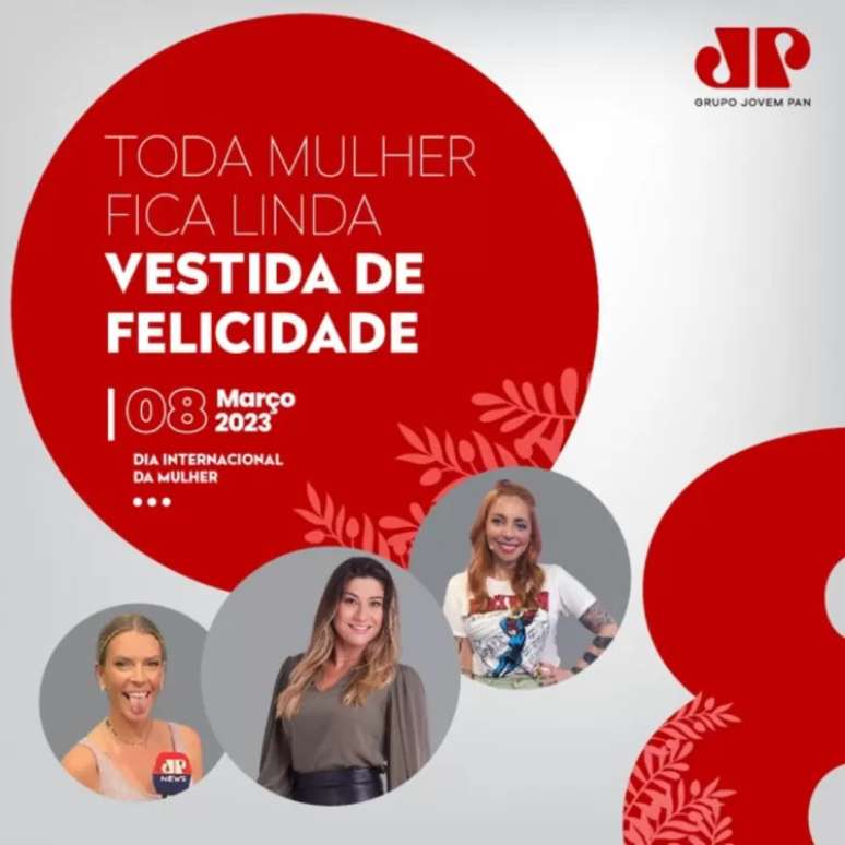 Comunicado da Jovem Pan para o Dia da Mulher, com imagem de jornalista demitida