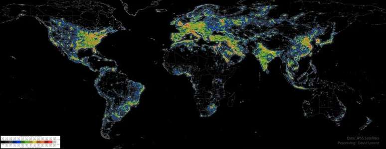 Map of the relative amount of light pollution that occurs on Earth (Image: Reproduction/JPSS Satellites; Processing: David J. Lorenz)