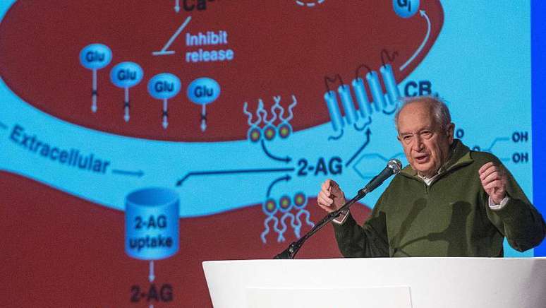 Raphael Mechoulam durante uma confer&ecirc;ncia sobre canabinoides
