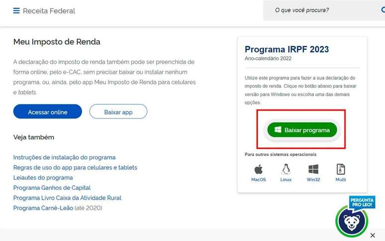 Download the schedule from the federal revenue website (Image: Screenshot/André Magalhães/Canaltech) Download the schedule from the federal revenue website (Image: Screenshot/André Magalhães/Canaltech)