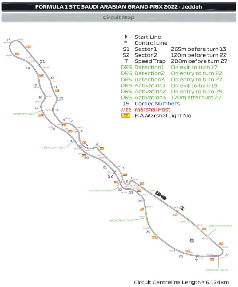 Mapa do circuito do GP da Arabia Saudita de 2022