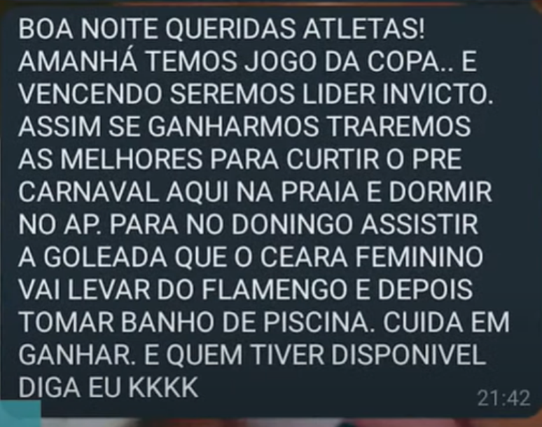 Em mensagem, treinador falou com alunas sobre casa de praia 