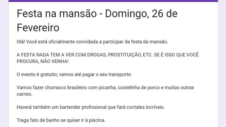 Formulário de inscrição para participação na festa do "Círculo dos Milionários"