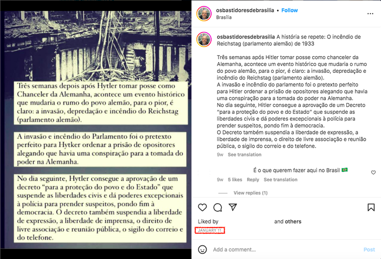 The Instagram post of the Os Bastidores de Brasília page spreads a misleading comparison between Nazism and the Brazilian context of January 11