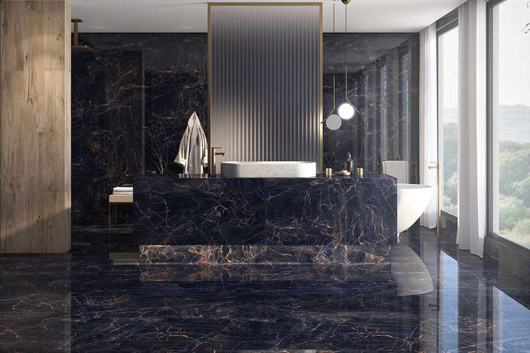 Porcelanato Hope Blue (61x120 cm), da linha Marmo.