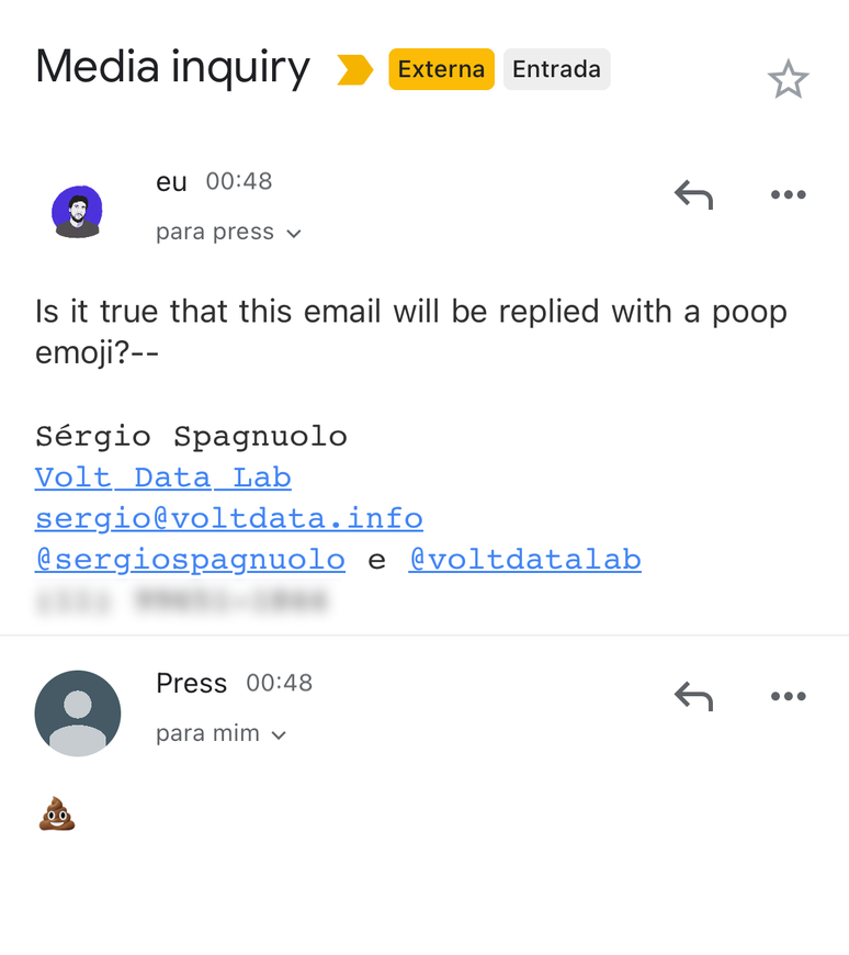 "Solicitação de imprensa / É verdade que este email será respondido com um emoji de cocô?" Reprodução / Gmail
