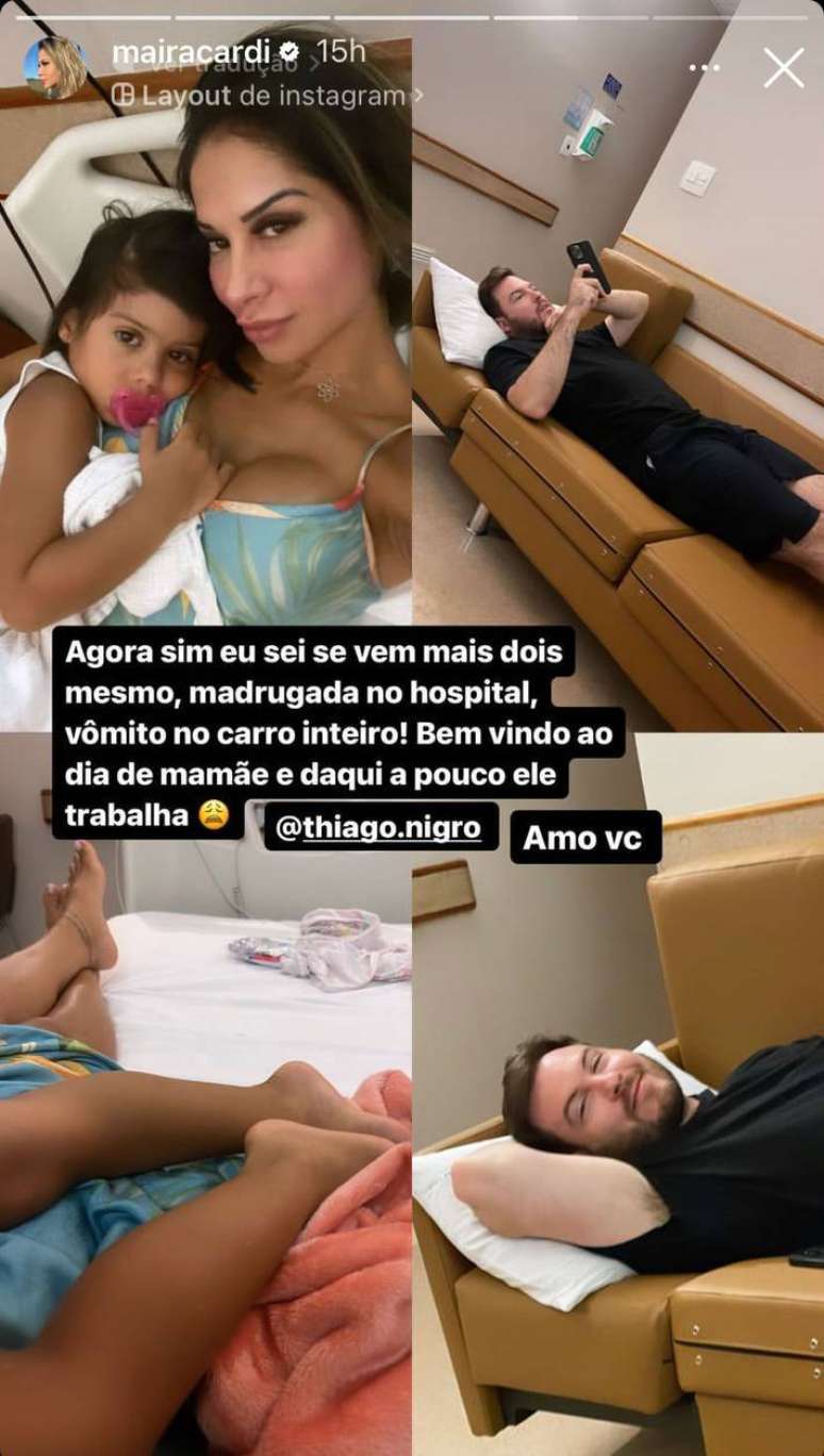 Ela postou uma montagem de fotos, em que aparecem ela e a filha e também Thiago Nigro, que está deitado em um sofá do quarto