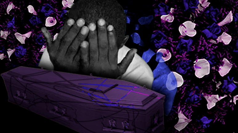 Imagem mostra uma pessoa negra chorando a morte de alguém diante de um caixão.