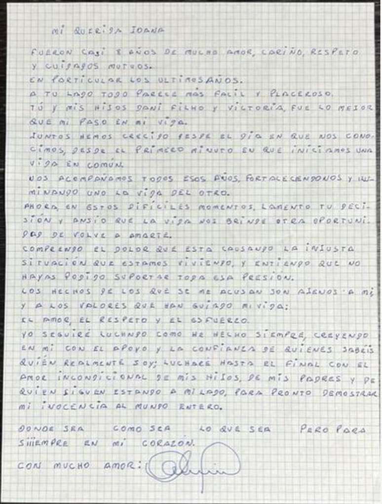 Carta de Daniel Alves escrita na cadeia a sua mulher, Joana Sanz