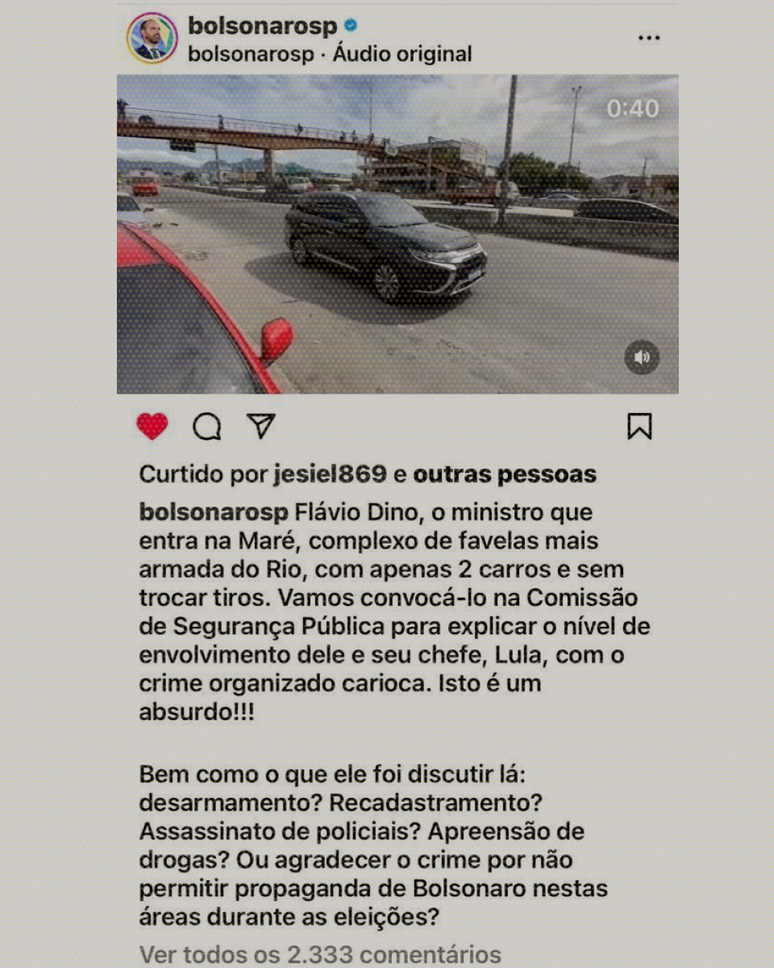 Print mostra post de Eduardo Bolsonaro que diz que visita de Flávio Dino à Maré provaria envolvimento do governo Lula com o crime organizado