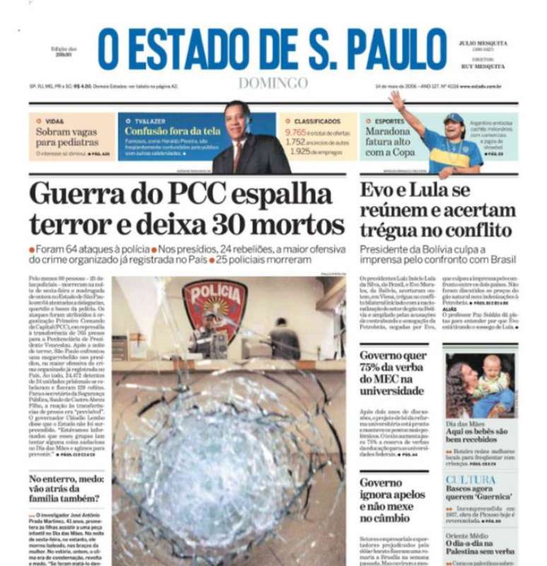 Capa do Estad&atilde;o de 15 de maio de 2006.