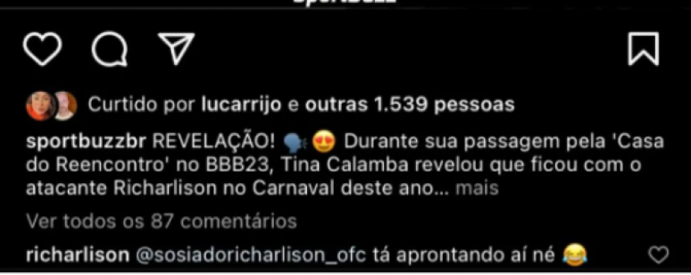 Richarlison negou beijo com Tina e apontou sósia (Foto: Reprodução/Instagram)